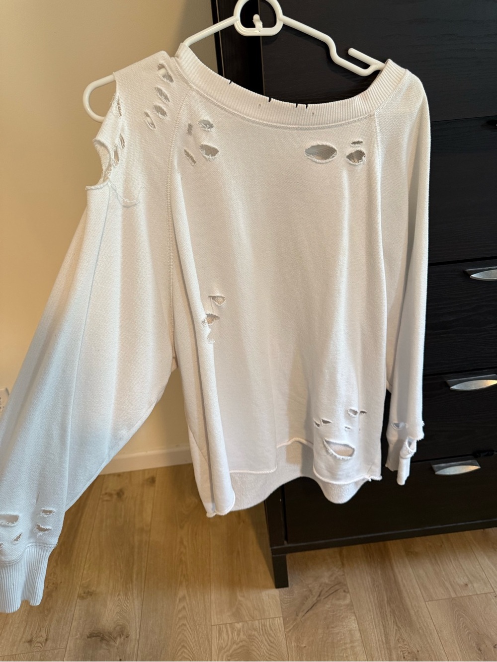 aerie White Distressed Cold-Shoulder Sweatshirt